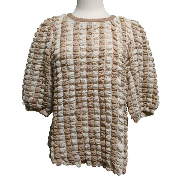 NWY Voy Textured Beige & Cream Puff Sleeve Top~Stretchy~Size SMALL - Picture 1 of 8